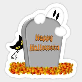 Halloween Cartoon Gravestone, Ghost, Cats & Fall Leaves Sticker